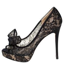 Pre Owned Valentino Black Floral Couture Lace Bow Peep Toe Platform Pumps Size 36