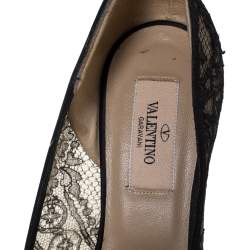 Pre Owned Valentino Black Floral Couture Lace Bow Peep Toe Platform Pumps Size 36