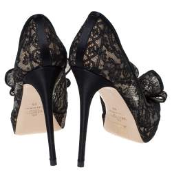 Pre Owned Valentino Black Floral Couture Lace Bow Peep Toe Platform Pumps Size 36