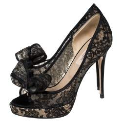 Pre Owned Valentino Black Floral Couture Lace Bow Peep Toe Platform Pumps Size 36