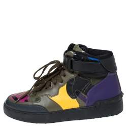 Pre Owned Valentino Multicolor Camoflauge Leather And Canvas High Top Sneakers Size 36