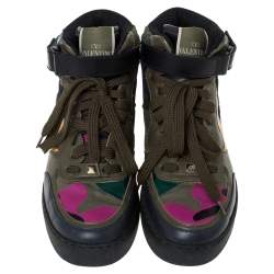Pre Owned Valentino Multicolor Camoflauge Leather And Canvas High Top Sneakers Size 36