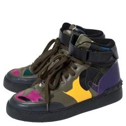 Pre Owned Valentino Multicolor Camoflauge Leather And Canvas High Top Sneakers Size 36