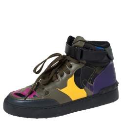 Pre Owned Valentino Multicolor Camoflauge Leather And Canvas High Top Sneakers Size 36