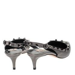 Pre Owned Valentino Metallic Grey Leather Rockstud Slingback Sandals Size 35.5