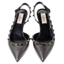 Pre Owned Valentino Metallic Grey Leather Rockstud Slingback Sandals Size 35.5
