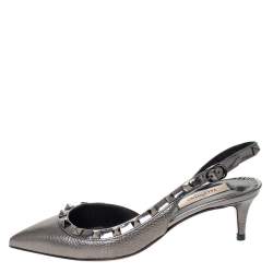 Pre Owned Valentino Metallic Grey Leather Rockstud Slingback Sandals Size 35.5