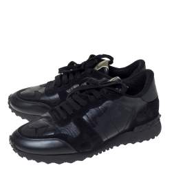 Pre Owned Valentino Black Camouflage Leather and Suede Rockrunner Sneakers Size 40.5
