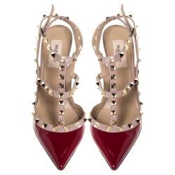Valentino Burgundy Patent Leather Rockstud Ankle Strap Sandals Size 38.5