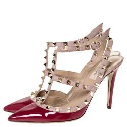 Pre Owned Valentino Burgundy Patent Leather Rockstud Ankle Strap Sandals Size 38.5