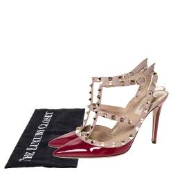 Pre Owned Valentino Burgundy Patent Leather Rockstud Ankle Strap Sandals Size 38.5