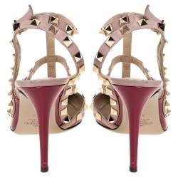 Pre Owned Valentino Burgundy Patent Leather Rockstud Ankle Strap Sandals Size 38.5