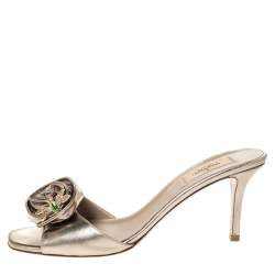 Pre Owned Valentino Metallic Leather Rose Applique Open Toe Sandals Size 41