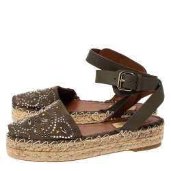 Pre Owned Valentino Green Studded Suede Platform Peep Toe Ankle Strap Espadrilles Size 36