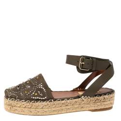 Pre Owned Valentino Green Studded Suede Platform Peep Toe Ankle Strap Espadrilles Size 36