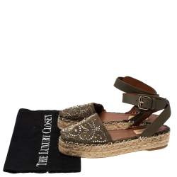 Pre Owned Valentino Green Studded Suede Platform Peep Toe Ankle Strap Espadrilles Size 36