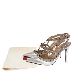 Pre Owned Valentino Silver Leather Rockstud Strappy Pointed Toe Sandals Size 39