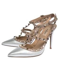 Pre Owned Valentino Silver Leather Rockstud Strappy Pointed Toe Sandals Size 39