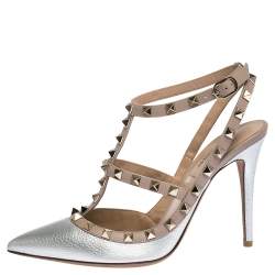 Pre Owned Valentino Silver Leather Rockstud Strappy Pointed Toe Sandals Size 39
