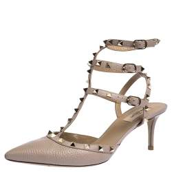 Pre Owned Valentino Beige Leather Rockstud Strappy Pointed Toe Sandals Size 41