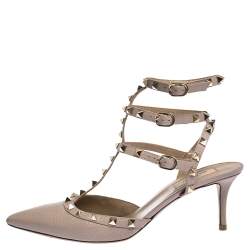 Pre Owned Valentino Beige Leather Rockstud Strappy Pointed Toe Sandals Size 41