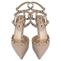 Pre Owned Valentino Beige Leather Rockstud Strappy Pointed Toe Sandals Size 41
