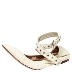 Pre Owned Valentino White Leather Love Latch Ankle Strap Scrunch Ballet Flats Size 38