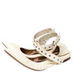 Pre Owned Valentino White Leather Love Latch Ankle Strap Scrunch Ballet Flats Size 38