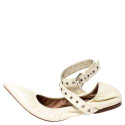 Pre Owned Valentino White Leather Love Latch Ankle Strap Scrunch Ballet Flats Size 38