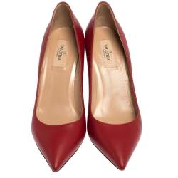 Pre Owned Valentino Red Leather Studded Pointed Toe Pumps Size 39.5