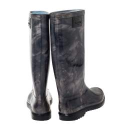 Pre Owned Valentino Grey Rose Print Rubber Rain Boot Size 38