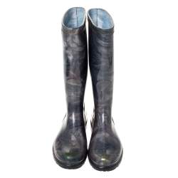Pre Owned Valentino Grey Rose Print Rubber Rain Boot Size 38