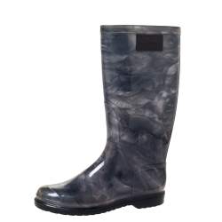 Pre Owned Valentino Grey Rose Print Rubber Rain Boot Size 38