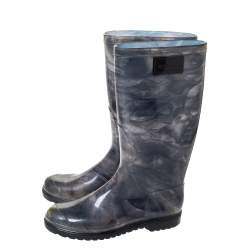 Pre Owned Valentino Grey Rose Print Rubber Rain Boot Size 38
