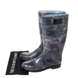 Pre Owned Valentino Grey Rose Print Rubber Rain Boot Size 38