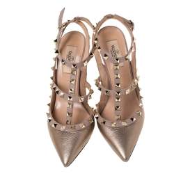 Pre Owned Valentino Metallic Bronze Leather Rockstud Ankle Strap Pointed Toe Sandals Size 37.5