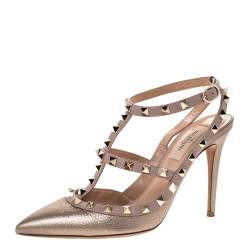 Pre Owned Valentino Metallic Bronze Leather Rockstud Ankle Strap Pointed Toe Sandals Size 37.5