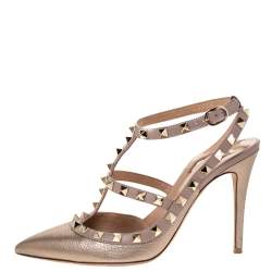 Pre Owned Valentino Metallic Bronze Leather Rockstud Ankle Strap Pointed Toe Sandals Size 37.5