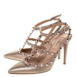 Pre Owned Valentino Metallic Bronze Leather Rockstud Ankle Strap Pointed Toe Sandals Size 37.5
