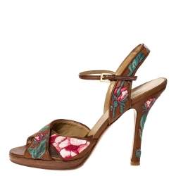 Valentino Brown Leather Embroidered Ankle Strap Sandals Size 39.5