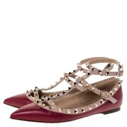 Pre Owned Valentino Burgundy Leather Rockstud Ankle Strap Ballet Flats Size 37