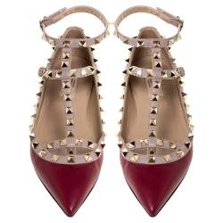 Pre Owned Valentino Burgundy Leather Rockstud Ankle Strap Ballet Flats Size 37