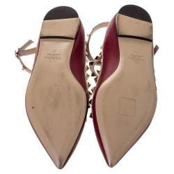 Pre Owned Valentino Burgundy Leather Rockstud Ankle Strap Ballet Flats Size 37
