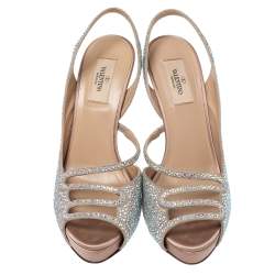 Pre Owned Valentino Beige Crystal Embellished Suede Leather Platform Slingback Sandals Size 39