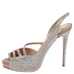 Pre Owned Valentino Beige Crystal Embellished Suede Leather Platform Slingback Sandals Size 39