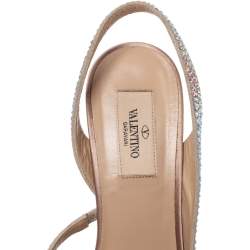 Pre Owned Valentino Beige Crystal Embellished Suede Leather Platform Slingback Sandals Size 39