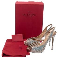 Pre Owned Valentino Beige Crystal Embellished Suede Leather Platform Slingback Sandals Size 39