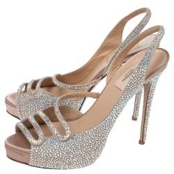 Pre Owned Valentino Beige Crystal Embellished Suede Leather Platform Slingback Sandals Size 39