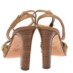 Pre Owned Valentino Tan Floral Applique Leather Wooden Heel Ankle Strap Sandals Size 35