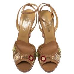 Pre Owned Valentino Tan Floral Applique Leather Wooden Heel Ankle Strap Sandals Size 35